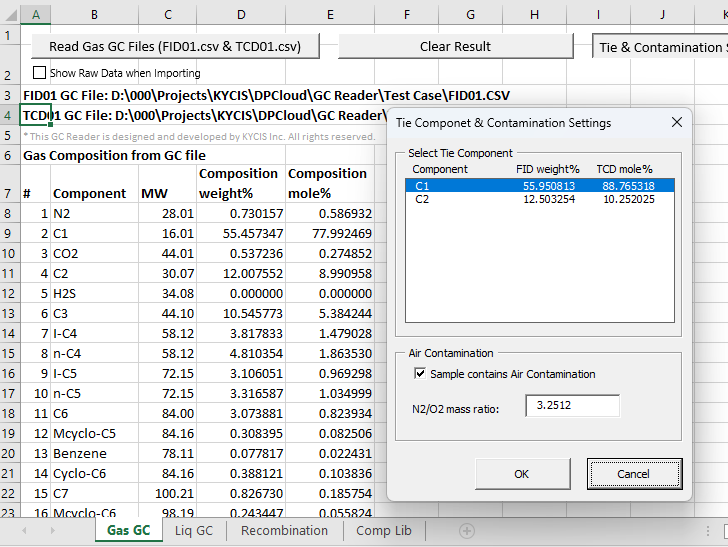 GC Reader Gas GC sheet showing FID and TCD dual-detector merge with an Agilent ChemStation export