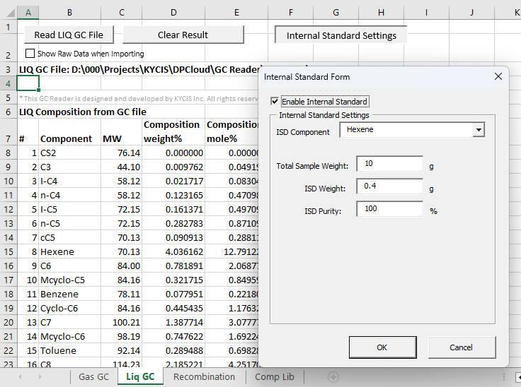GC Reader Liquid GC sheet showing ISD internal standard normalization for liquid compositions