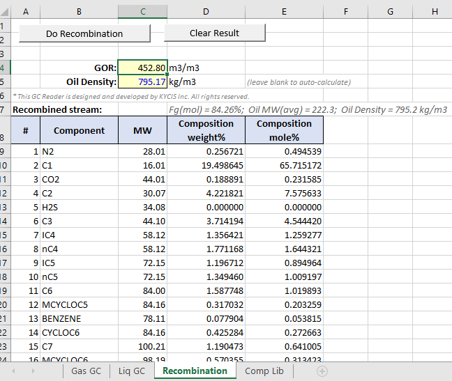 GC Reader Recombination sheet showing GOR-based wellstream composition calculation