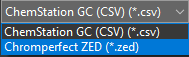 GC Reader Liquid GC file type menu showing ChemStation CSV and Chromperfect ZED import options